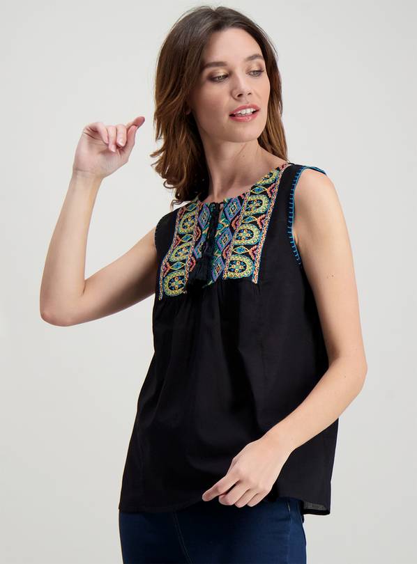 Black Embroidered Tassel Shell Top - 6